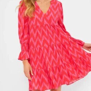 Pomander Place Dress Hot Pink Kenzo Ikat Print V-neck Tiered Long Sleeve Size L